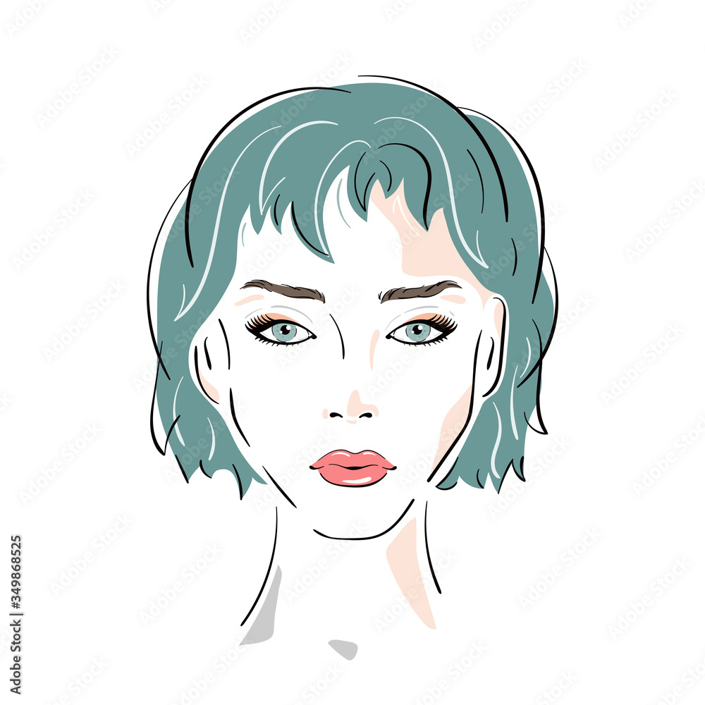Young Girl with Short Hairstyle. Beautiful Woman Face with Blue Hair. Female Portrait. Vector Fashion and Beauty illustration
Young Girl with Short Hairstyle. Beautiful Woman Face with Blue Hair. Female Portrait. Vector Fashion and Beauty illustration