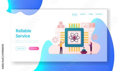 Quantum Computing Landing Page Template. Quantum-mechanical Phenomena Superposition to Perform Computation. Characters with Notebook Working at Huge Microchip. Cartoon People Vector Illustration
