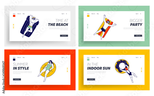 Characters Swimming on Inflatable Mattresses in Ocean, Sea or Swimming Pool Landing Page Template Set. Diverse People Men Women Have Fun, Relaxing on Summer Vacation Resort. Linear Vector Illustration