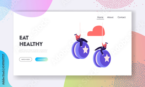 Failure, Disruption of Healthy Eating and Lifestyle Landing Page Template. Tiny Female Characters Hang on Huge Yo-yo. People Rapidly Gaining Weight after Diet. Cartoon People Vector Illustration