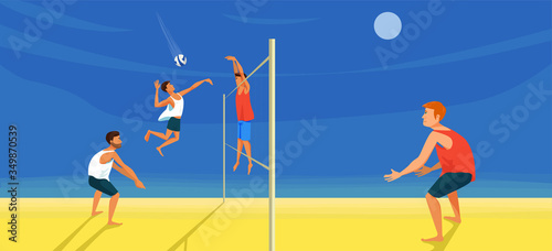 Beach volleyball game. Spiker is kicking the ball. The digger stands in a protective stance on bent knees. Player puts a block. Attack and defense. Full swing game. Competition between two teams.