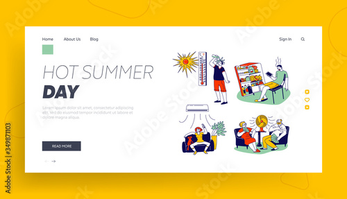 Characters in Summer Time Hot Period Landing Page Template. Young and Aged People Sitting on Sofa Use Fans, Using Conditioner, Pouring Water to Get a Little Bit Cool. Linear Vector Illustration