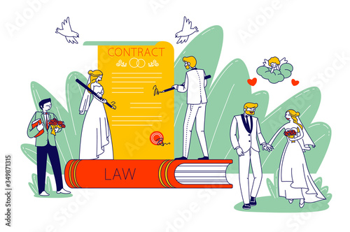 Marriage Contract Signing Concept. Happy Couple Getting Married. Wife and Husband, Groom and Bride Characters Wedding Registration. Engagement Ceremony Celebration. Linear People Vector Illustration