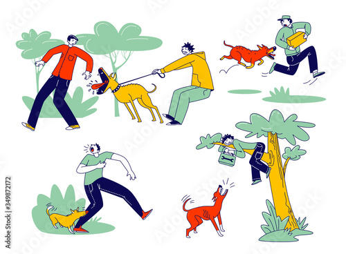 Dog Attack Concept. Aggressive Animals Biting and Barking on Male Characters. Delivery Man with Parcel in Hands Escaping of Angry Dog, Handyman Sitting on Tree. Linear People Vector Illustration