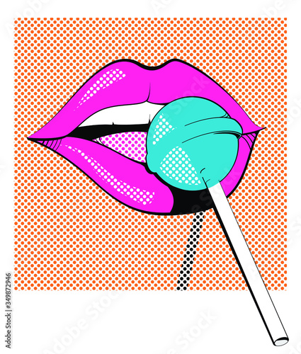 Pop illustration of red lips of woman trying a lollipop isolated on white photo