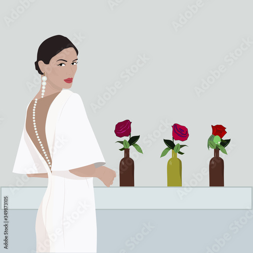 bride woman stay in a room with flowers vector illustration portrait