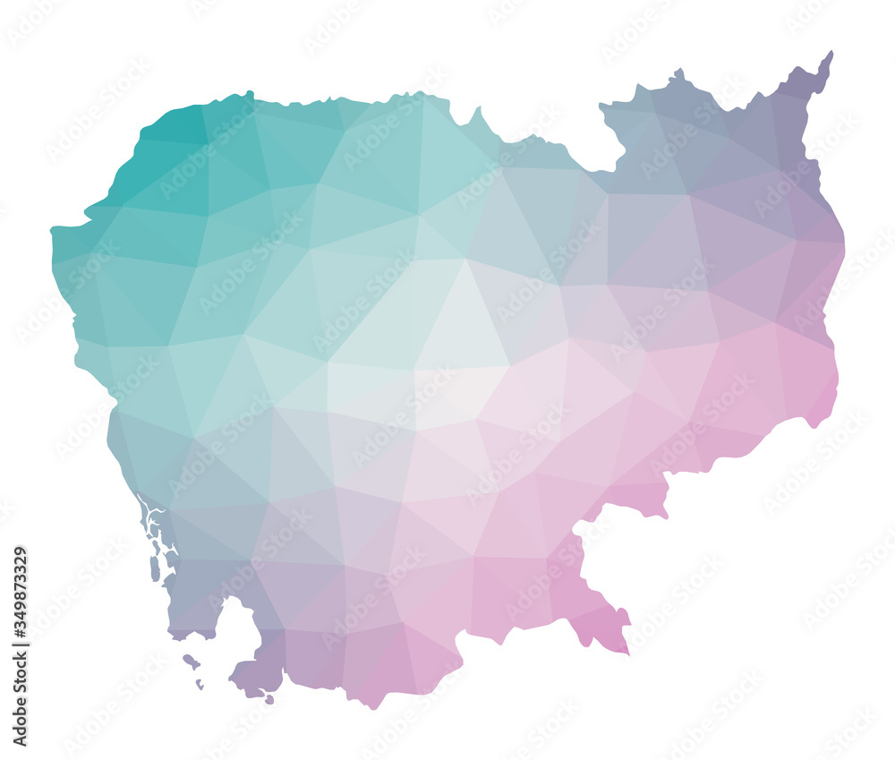 Polygonal map of Cambodia. Geometric illustration of the country in emerald amethyst colors. Cambodia map in low poly style. Technology, internet, network concept. Vector illustration. Polygonal map of Cambodia. Geometric illustration of the country in emerald amethyst colors. Cambodia map in low poly style. Technology, internet, network concept. Vector illustration.
