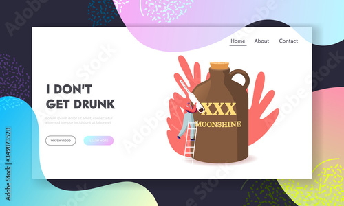 Homemade Alcohol Drink Cooking Process Landing Page Template. Tiny Male Character with Alcohol Meter Stand on Ladder at Huge Jug with Moonshine. Manufacturing Technology. Cartoon Vector Illustration