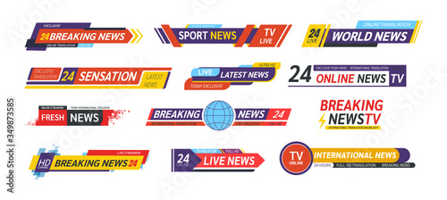TV title news bar logos, news feeds, television, radio channels. Banner of live television broadcast media title, breaking news, streaming show news sport channel media tv bar vector isolated
