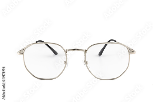 Street style reading glasses with clear lens and rectangle thin silver frame, isolated on white background, front view.