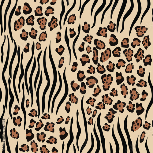 Animal print. Seamless pattern of Zebra and leopard, brown background in vector