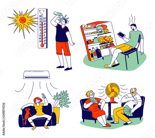 Characters in Summer Time Hot Period Concept. Sweltering in Heat Young and Aged People Sitting on Sofa Use Fans, Using Conditioner, Pouring Water to Get a Little Bit Cool. Linear Vector Illustration
