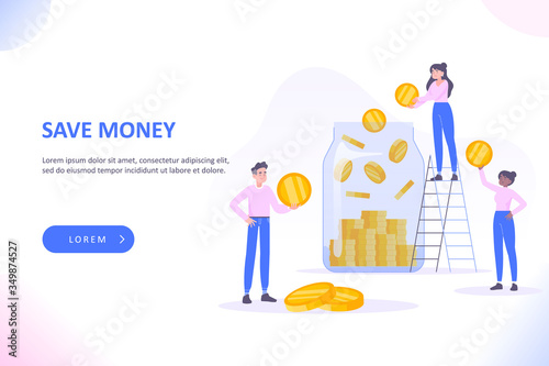 Save money and investment concept. Young people standing near huge join jar. People saving gold coin into glossy money jar. Save your money, vector illustration