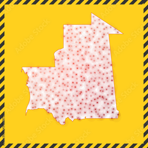 Mauritania closed - virus danger sign. Lockdown country icon. Black striped border around map with virus spread concept. Vector illustration.