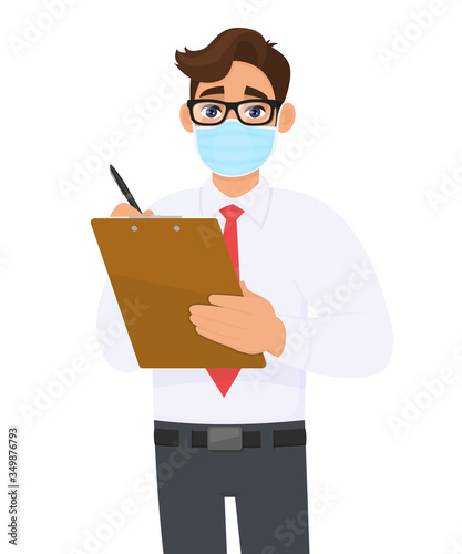Young business man in medical mask writing on clipboard. Person holding notepad or document. Male character with eyeglasses. Corona virus epidemic outbreak. Cartoon illustration in vector design.