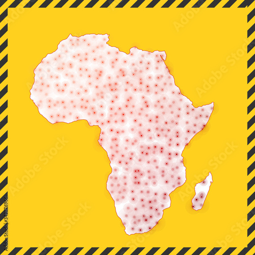 Africa closed - virus danger sign. Lock down continent icon. Black striped border around map with virus spread concept. Vector illustration.