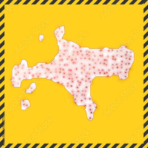 Ko Mak closed - virus danger sign. Lockdown island icon. Black striped border around map with virus spread concept. Vector illustration.