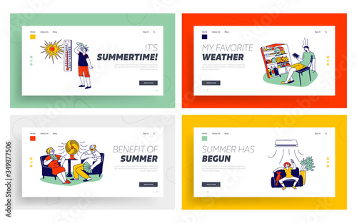 Characters in Summer Time Hot Period Landing Page Template set. Young and Aged People Sitting on Sofa Use Fans, Using Conditioner, Pouring Water to Get a Little Bit Cool. Linear Vector Illustration