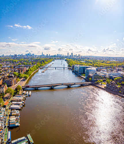 Aerial view of Thames and Albert bridge in the morning, London, UK photo
