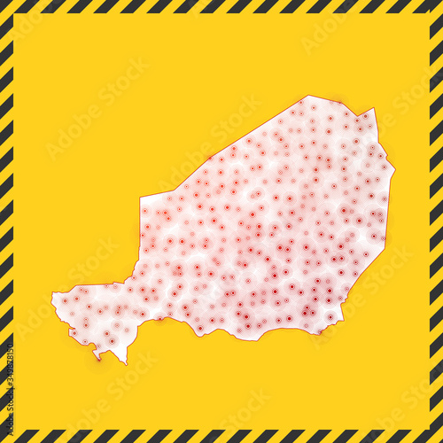 Niger closed - virus danger sign. Lock down country icon. Black striped border around map with virus spread concept. Vector illustration.