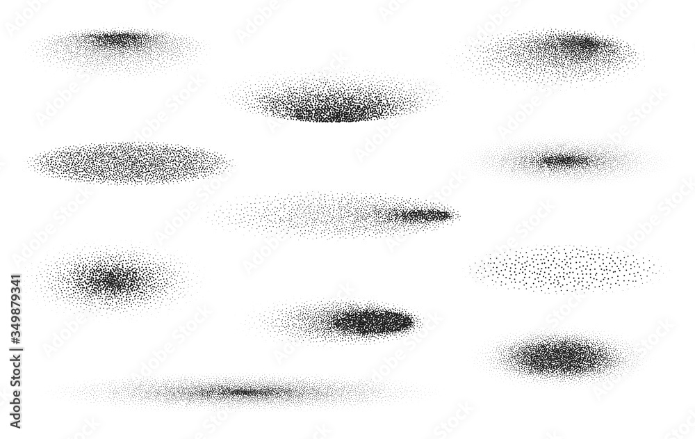 Stipple gradient oval shadow set, stippling hatching technique shadow effect vector illustration, various round halftone dot gradient bottom shadows isolated on white