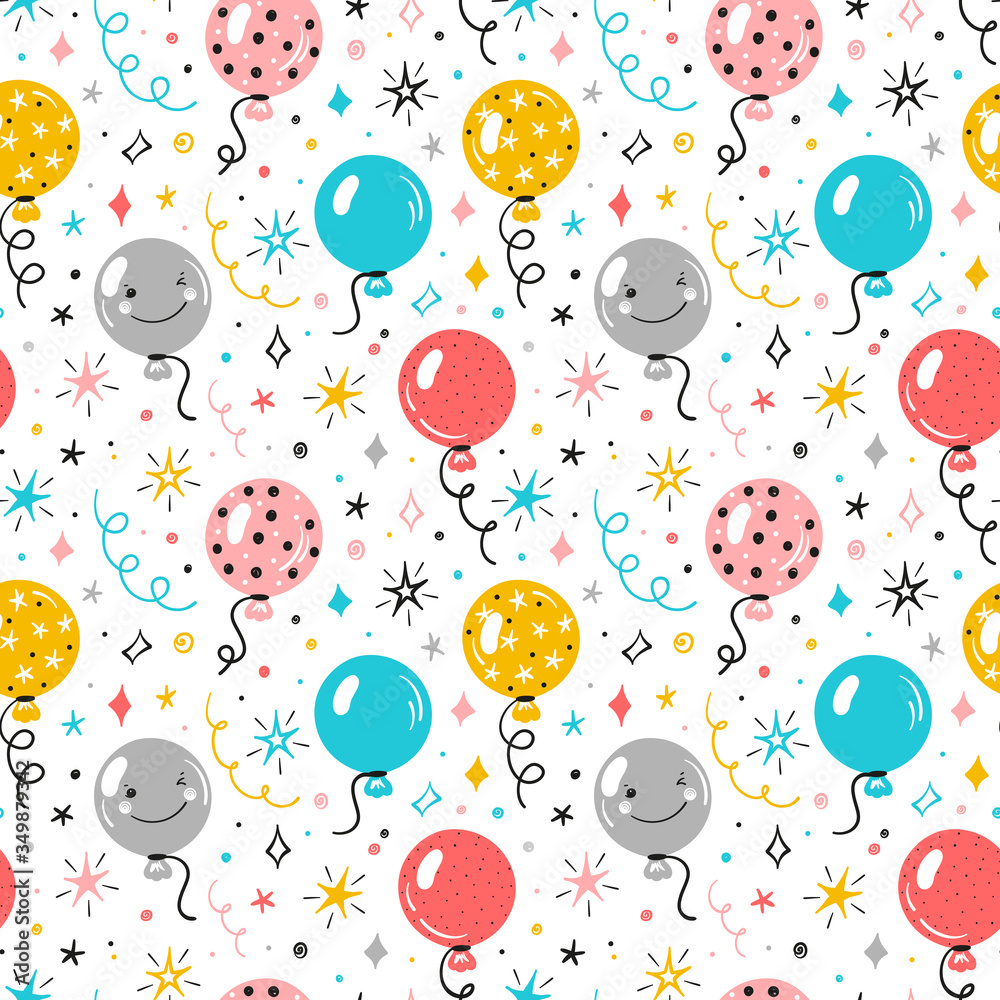 Festive Seamless Vector Pattern with Cute Balloons and Stars Doodles. Colorful Cartoon Balloons Background, Stars and Serpentine Confetti Pieces. Holiday or Birthday Party Design for Kids Stock Vector | Adobe Stock Festive Seamless Vector Pattern with Cute Balloons and Stars Doodles. Colorful Cartoon Balloons Background, Stars and Serpentine Confetti Pieces. Holiday or Birthday Party Design for Kids Stock Vector | Adobe Stock