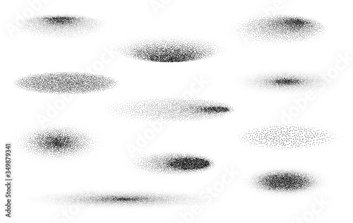 Stipple gradient oval shadow set, stippling hatching technique shadow effect vector illustration, various round halftone dot gradient bottom shadows isolated on white