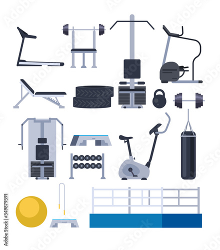 Gym training apparatus equipment isolated set. Vector flat graphic design cartoon illustration