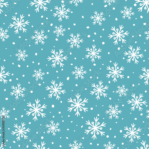 Christmas, new year, holidays seamless pattern with hand drawn snowlakes on blue background. Winter texture for print, paper, design, fabric, decor, gift, food wrap, backgrounds. Vector illustration