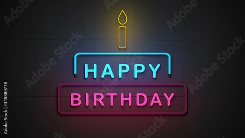 Neon sign of happy birthday logo on the wall background