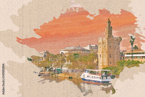 Watercolor drawing picture of Tower (Torre del Oro) of Seville, Andalusia Spain.