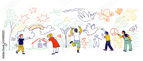 Kids Characters of Different Nationalities Painting and Drawing with Chalk Pencils on White Wall. Peace or International Children Day Concept. Friendship, Education. Linear People Vector Illustration