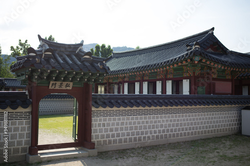 It is a historic building in Korea. It is a view of a space inside Gyeongbokgung Palace.