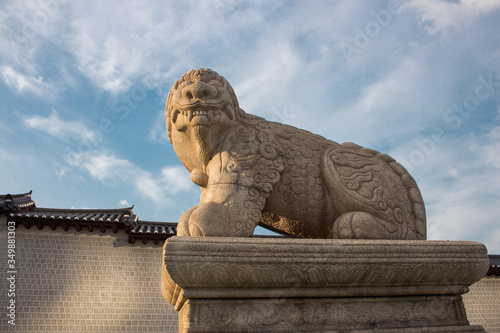 statue, lion, sculpture, stone, ancient, sky, art, architecture, old, asia, blue, white, culture, history, tourism, travel, animal, asian, building, famous, historic, korea, korean, landmark, oriental