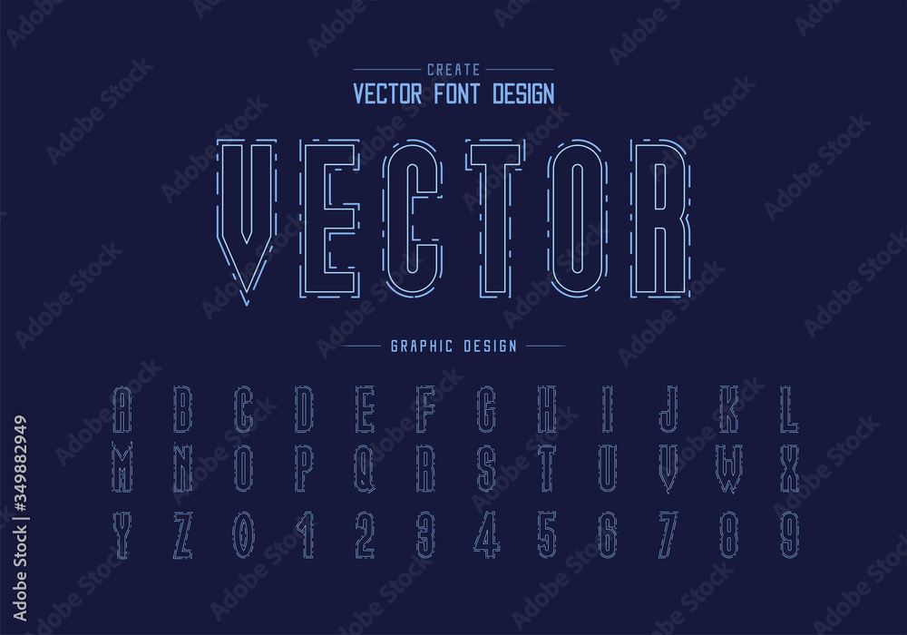 Blue font and line alphabet vector, Tall typeface letter and number design, Graphic text on background