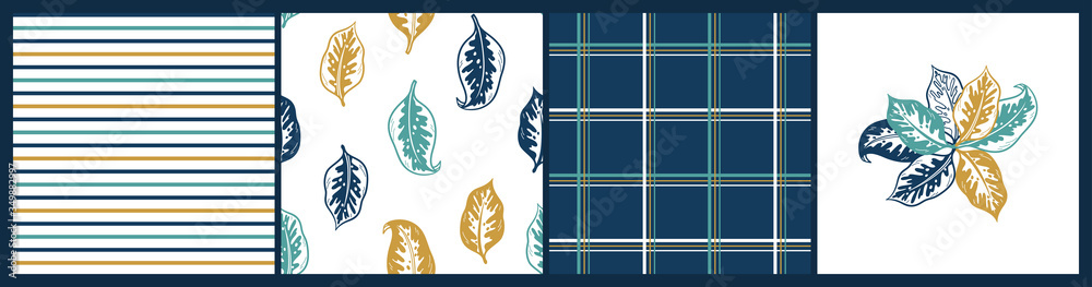 Vector Set of Patterns. Geometric Backgrounds and Tropical Leaves Seamless Pattern. Hand Drawn Doodle Sketch Calathea Flower Leaf. Colorful Striped and Tartan Background. Floral Tropical Wallpaper
