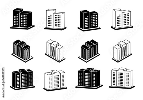 Icon company vector set, Modern 3D buildings collection on white background, Perspective bank and office illustration, black line construction and edifice