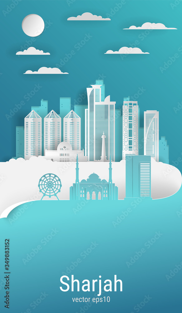 Paper cut style Sharjah city, white color paper, vector stock illustration. Cityscape with all famous buildings. Skyline Sharjah vertical city composition for design.