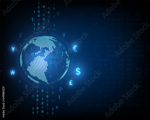 Technology, world currency exchange and high speed digital network, abstract blue