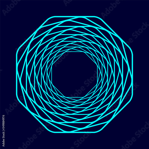 Colored swirling lines octagon shape. Vector twisted wireframe geometric element. Abstract symbol consisting of octagons. Technology graphic spiral.