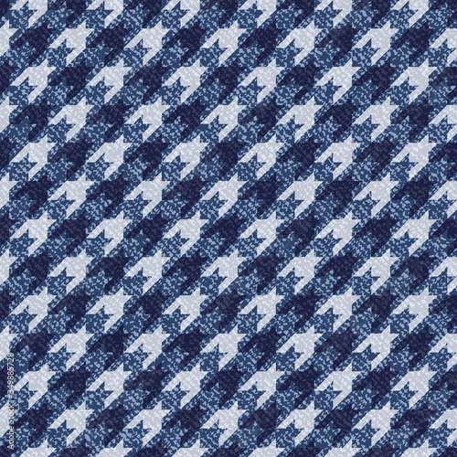 Jeans background with Houndstooth Tartan geometric print fashion design. Denim Seamless Vector Pattern Tile. Blue jeans cloth Dog tooth Check Fabric Texture. English background Glen plaid Pattern
