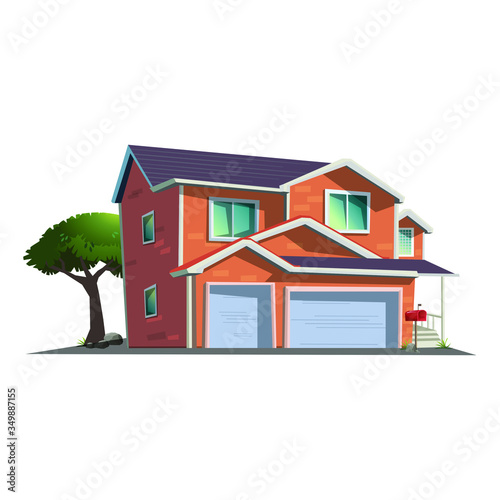 Vector building, modern cottage  illustration in perspective view with green tree, red post pole in cartoon style. Family house outside of the city in quite countryside area with garage and porch.