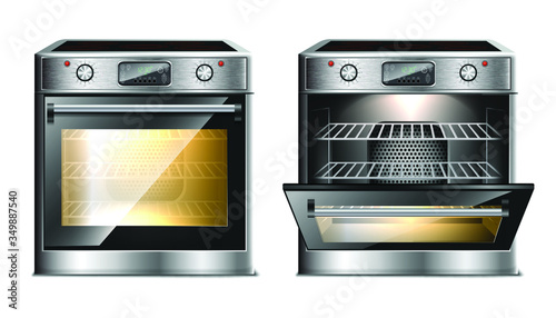 Vector realistic modern oven, multi function stove with touch menu and timer in two views, with open and close door with light.