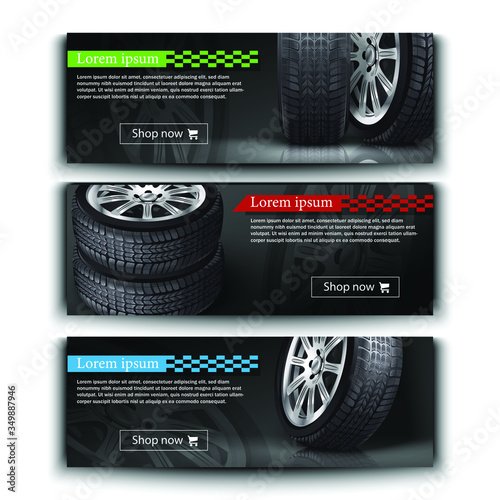 Advertisement posters for your business. Vector realistic 3d car tires illustration for your store. Black rubber tire sale, protection and service flyer.