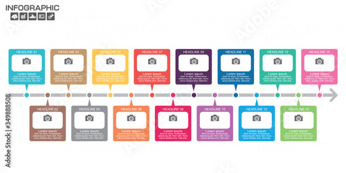 Timeline Infographic chart with many color. Vector design template. 15 options. photo