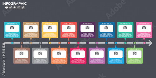 Timeline Infographic chart with many color. Vector design template. 15 options. photo