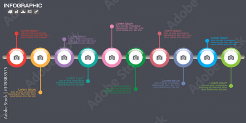 Timeline Infographic chart with many color. Vector design template. 10 options.