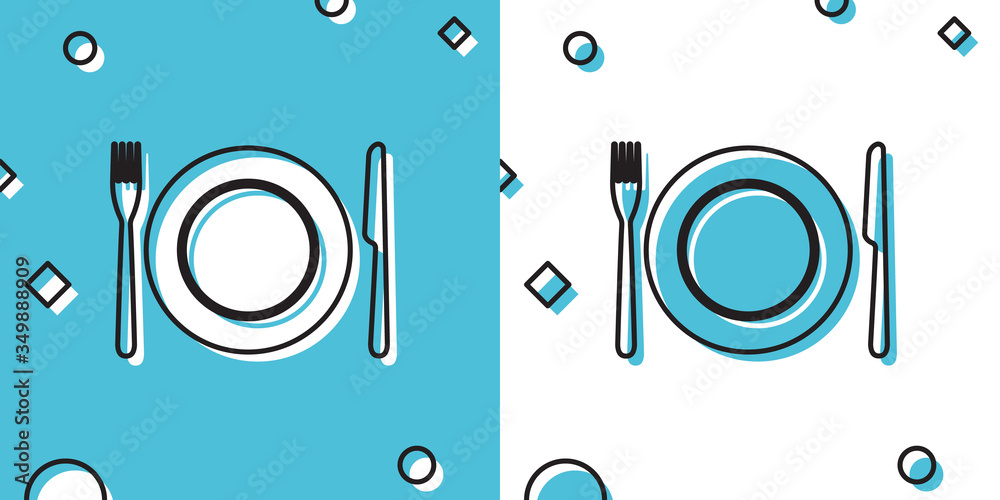Black Plate, fork and knife icon isolated on blue and white background. Cutlery symbol. Restaurant sign. Random dynamic shapes. Vector Illustration Black Plate, fork and knife icon isolated on blue and white background. Cutlery symbol. Restaurant sign. Random dynamic shapes. Vector Illustration