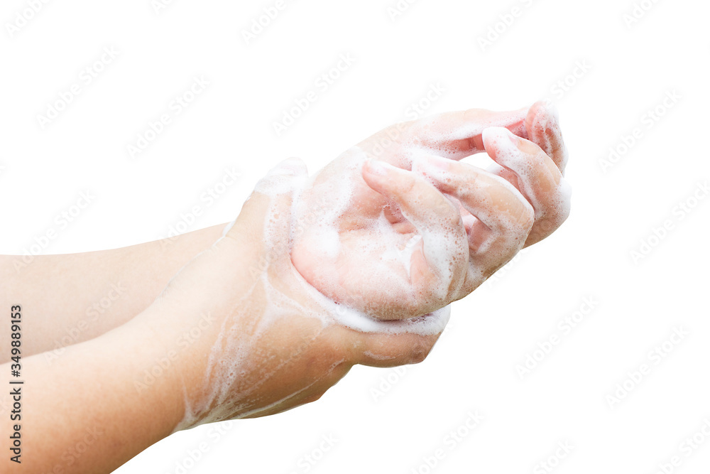 Hands washing soap foam isolated on white background with clipping path,Prevent germs, bacteria or viruses. Hands washing soap foam isolated on white background with clipping path,Prevent germs, bacteria or viruses.