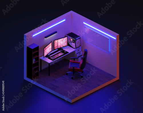 3d render gaming room isometric., 3d illustration. © Zinsmute